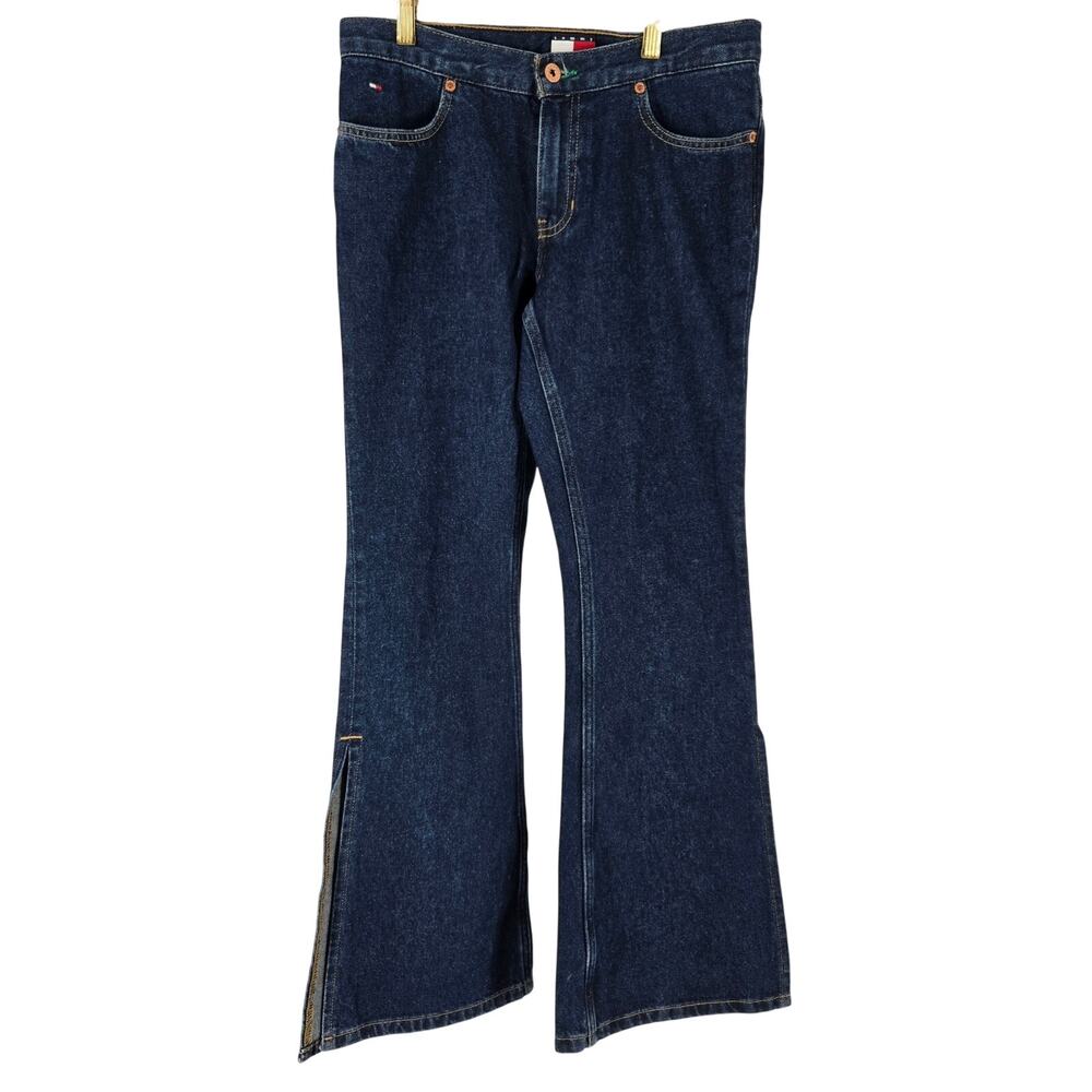 Y2K Tommy Hilfiger Wide Flare Leg Womens 30x32 Slits Retro Hippie Dark Wash
